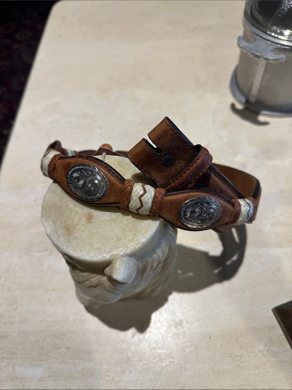 Classic Brown Leather Men's Belt with Silver Conchos